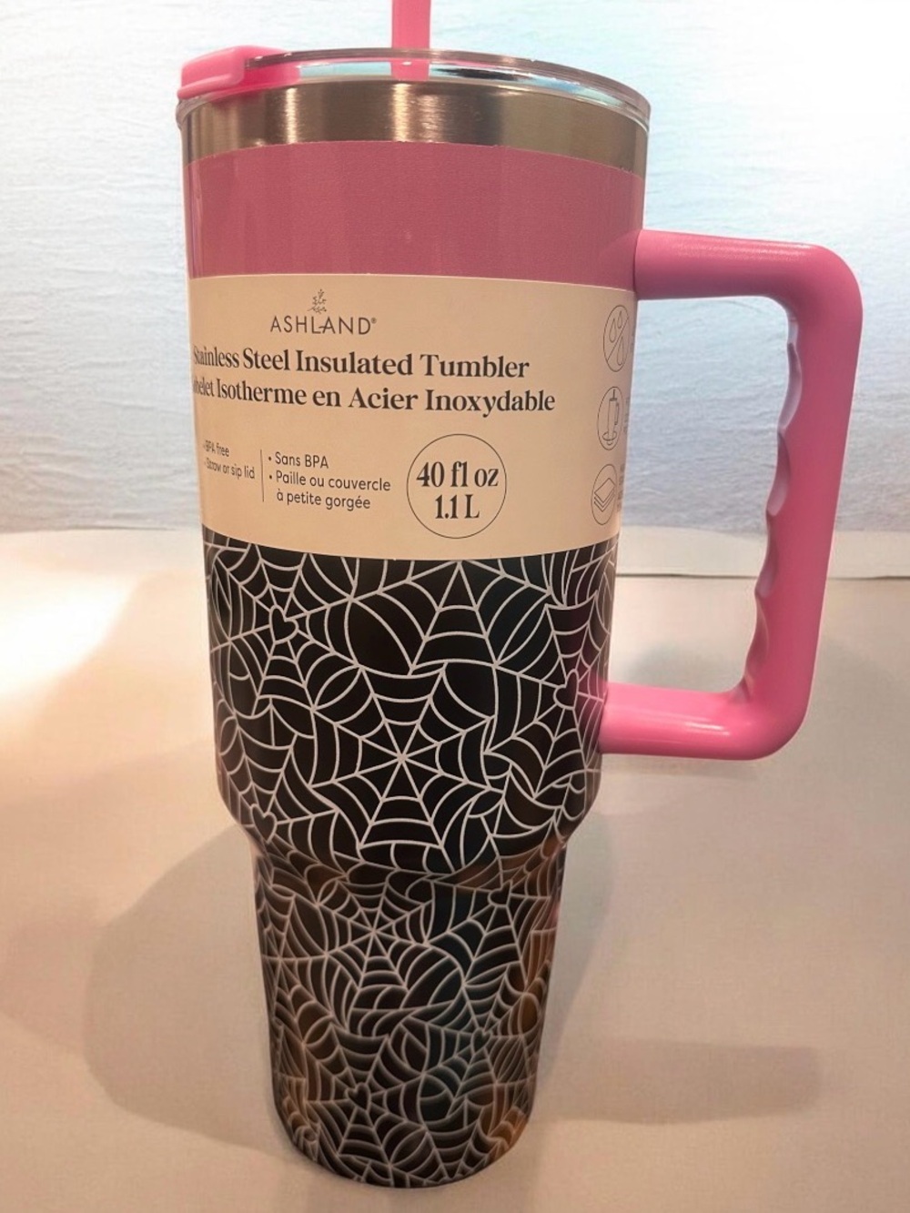 Goth web Stainless Steel Tumbler with Black Web Pattern & straw